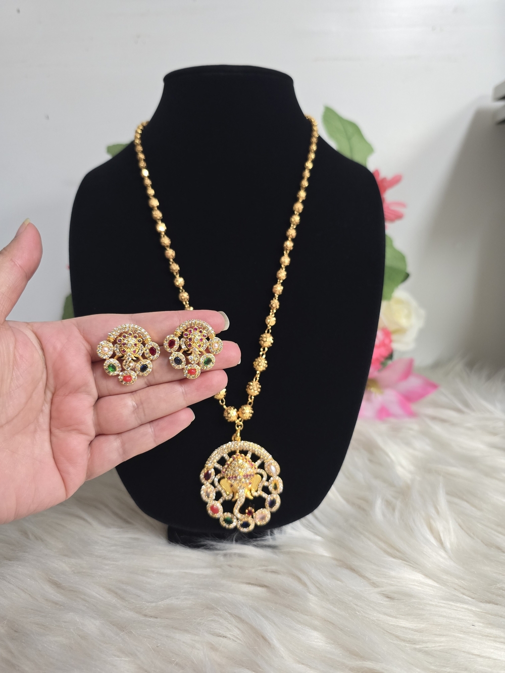 Gold Multistone Pendant Necklace and Earrings Set